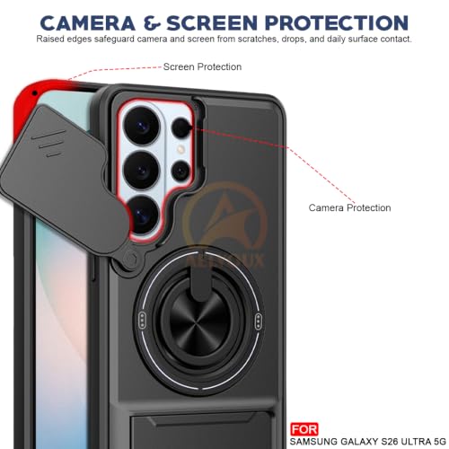 Image of Samsung Galaxy S26 Ultra 5G Back Cover | Armor Camera Slider 360 Degree Rotating Finger Ring Holder Case with Bracket Stand Back Case Cover (Compatible with MagSafe Accessories) (Black)
