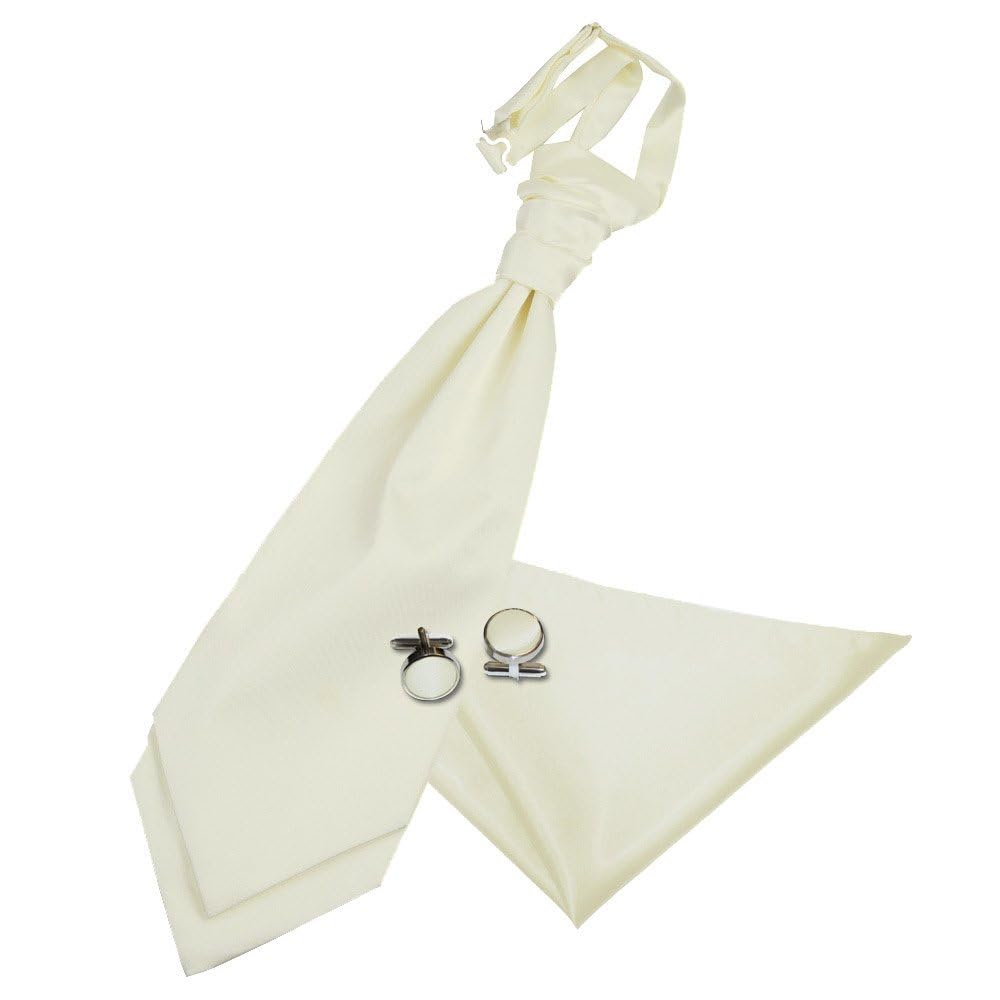 DQT Mens Plain Satin Cravat Ascot Tie & Pocket Square Set with Cufflinks – Wedding Business & Formal - Ivory (Pre-Tied)