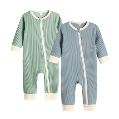 Bafeicao Unisex Baby Boy Girl 2 Pack Rompers Long Sleeve Two Way Zipper Romper One Piece Jumpsuits Clothes Sets, Blue+Green, 0-3M