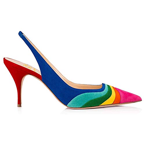 LEHOOR Women Rainbow Slingback Pumps Kitten Heels Pointed Toe Suede, Multicolor High Heel Pumps Stiletto Elastic Strap Closed Toe for Ladies Dress Party 5-13 M US2
