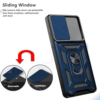 Image of SPAZY CASE Samsung Galaxy M36 5G Back Cover | Heavy Duty Hybrid Case with 360 Degree Rotating Finger Ring Holder + Slider Shutter Camera Protection Case for Samsung Galaxy M36 5G - Blue