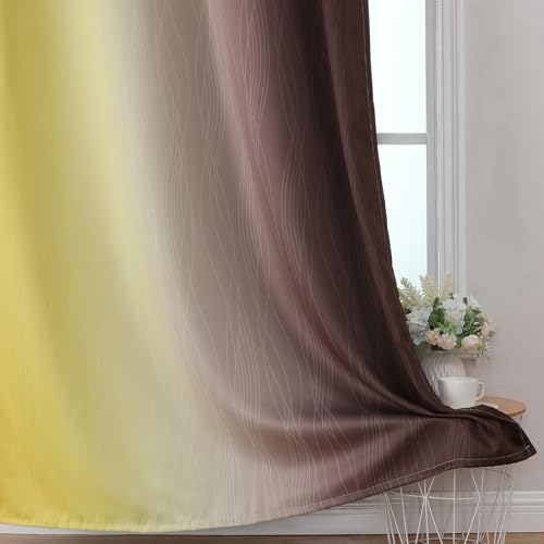 Estelar Textiler Brown and Yellow Blackout Curtains 45 Inch Length, Full Light Blocking Gradient Drapes for Kitchen, Thermal Insulated Grommet Ombre Curtains for Bathroom, 52Wx45L, 2 Panels