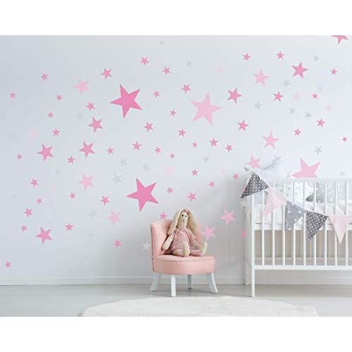 50 Sterne Wandtattoo fürs Kinderzimmer - Wandsticker Set - Pastell Farben, Baby Sternenhimmel zum Kleben Wandaufkleber Sticker Wanddeko - Kleinkinder, Erstausstattung auf Rauhfaser, Pink