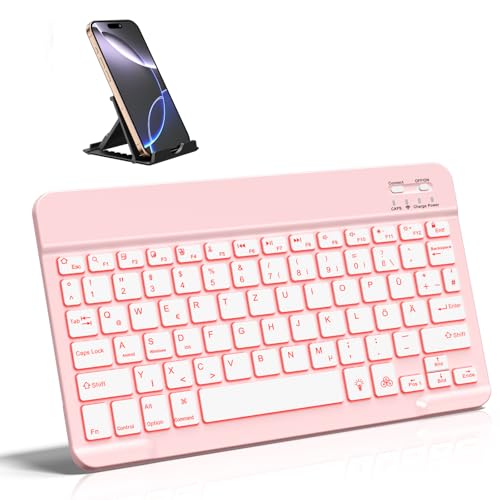 Vobafe Bluetooth Tastatur mit Telefonhalter für iOS/Android/Windows, Kabellose Tablet Tastatur für iPad/iPhone/Samsung/Laptop, Ultradünn Deutsche QWERTZ iPad Keyboard, 7 Farben Beleuchtete, Hellrosa