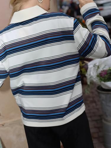 Sunloudy Women Striped Rugby Polo Shirt Preppy Long Sleeve Lapel Collared Coquette Sweatshirt Teen Girl Aesthetic Pullover4