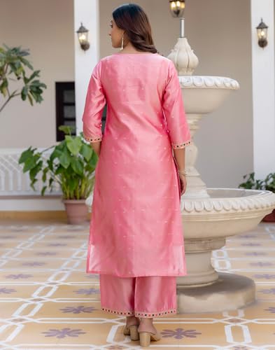 Image of SKYLEE Silk Blend Embroidery and Sequins Work, Weaving, Lace Straight Kurta Set with Dupatta