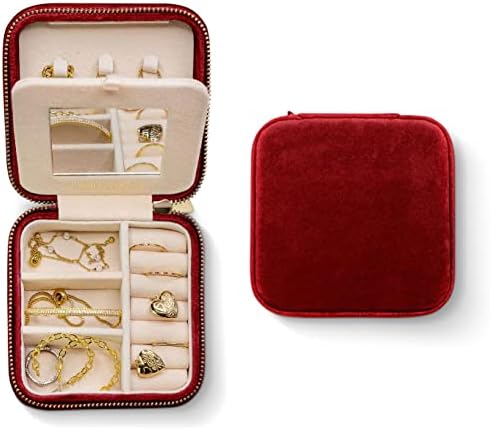 Plush Velvet Travel Jewelry Box Organizer | Travel Jewelry Case Small Jewelry Box for Women | Jewelry Travel Organizer, Jewelry Travel Case for Women | Earring Organizer with Mirror - Red Velvet