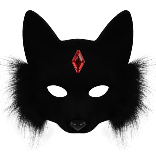 HAOAN Therian Fox Cat Mask Fur Animal Half Face Gem Masks Costume Props for Halloween Christmas Cosplay