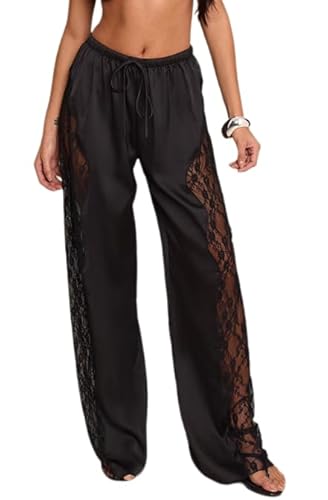 Women's Satin Contrast Lace Wide Leg High Waisted Dressy Loose Elegant Pants Sheer Mesh Long Trousers Black