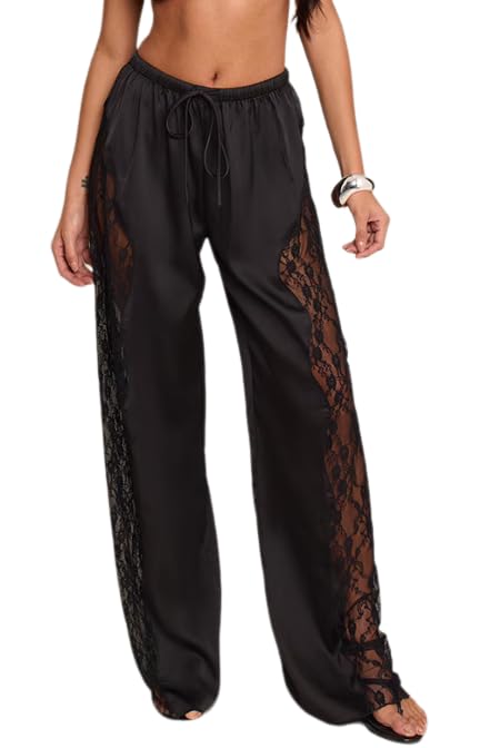 Womens Satin Contrast Lace Wide Leg High Waisted Dressy Loose Elegant Pants Sheer Mesh Long Trousers