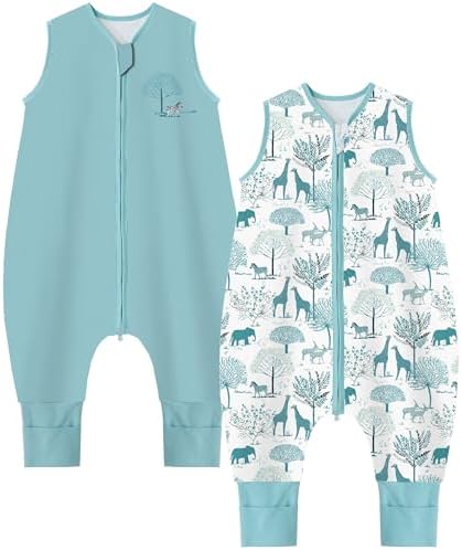 Teechodina Baby Schlafsack mit Füßen 2er Pack 100% Baumwolle 1.5 Tog Kinder Ganzjahres Schlafsack mit Beinen für Jungen Mädchen, 1.5 Tog/Blau + Wald Giraffe, 80cm/Baby Höhe 85-95cm