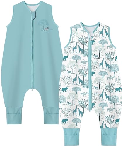 Teechodina Baby Schlafsack mit Füßen 2er Pack 100% Baumwolle 1.5 Tog Kinder Ganzjahres Schlafsack mit Beinen für Jungen Mädchen, 1.5 Tog/Blau + Wald Giraffe, 80cm/Baby Höhe 90-100cm