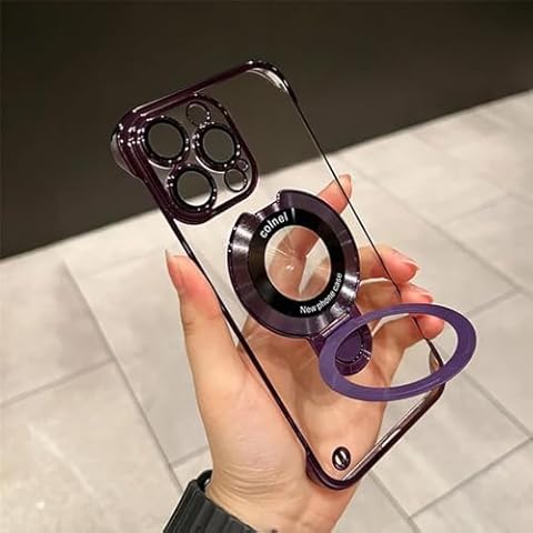JDJR Frameless Magnetic for iPhone Case with Invisible Ring Stand, Frameless Case with Invisible Ring Stand for iPhone 15 14 13 Pro Max (B-Purple,14 Plus) Cover