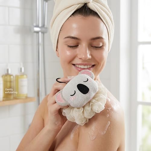Image of Luxe Home International Bath Sponge For Kids And Adult Microfibre Soft Shower Loofah Koala Pattern Gentle Skin Exfoliating Body Scrubber For Toddler Grey 15x17cm Pack Of 1