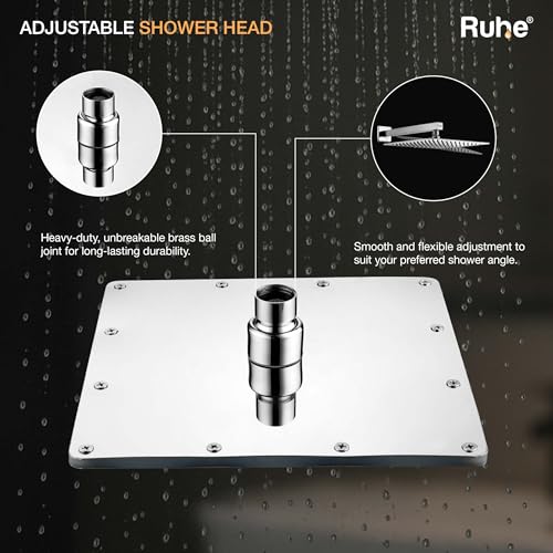 Image of Ruhe Rain Joy 304-Grade Stainless Steel Overhead Shower with Chrome Finish | 8x8 Inches Rain Shower for Bathrooms | Powerful Square Showerhead with Easy-to-Clean Silicone Nozzles | WITHOUT SHOWER ARM