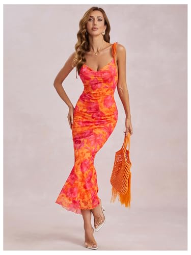 Image of GORGLITTER Women's Floral Birthday Wedding Guest Dress Mesh Ruched Derby Party Bridal Shower Summer Beach Sun Dresses Orange Small