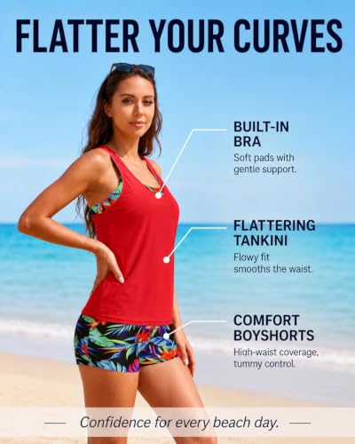 Image of Women's 3 Piece Tankini Swimsuit Tummy Control Bathing Suit with Boy Shorts