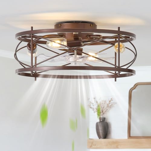 Sehrieha 20" Brown Ceiling Fan with Light Flush Mount, Farmhouse Caged Ceiling Fans with Lights and Remote, Bladeless Low Profile Ceiling Fan with 6 Speeds for Bedroom, Living Room, Nursery by Sehrieha - Used condition - US$88.00