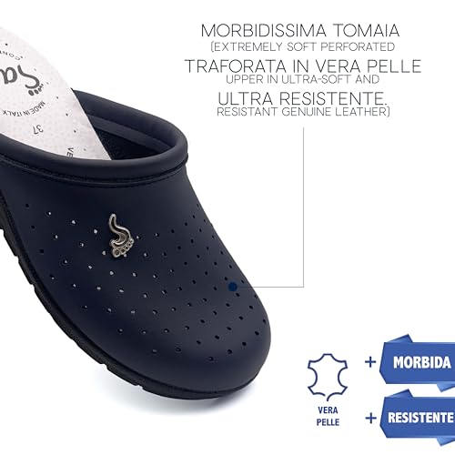 Ciabatte Sanitarie Anatomiche Per Donna Pantofole In Vera Pelle Scarpe Ortopediche Calzatura Antiscivolo Made In Italy (Blu, 38) - 2