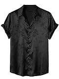 OYOANGLE Men's Satin Floral Print Button Down Front Lapel Collar Solid Short Sleeve Shirt Black L