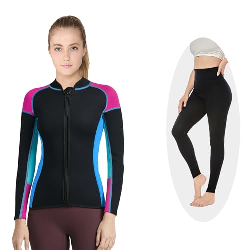Chaqueta de neopreno para mujer 2mm y pantalones 3mm, traje de manga larga para mantener el calor, ideal para natación, surf, buceo, esnórquel y deportes acuáticos (Talla M) miniatura 1