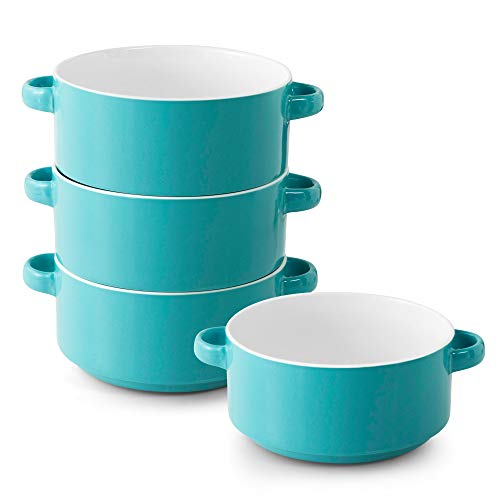 Porcelain Soup Bowls with Handles Set of 4 20 Ounce Ceramic Crocks for French Onion Soup Cereal Oatmeal or Chili Stackable Bowls Large Serving Crocks are Microwave and Oven Safe Turquoise