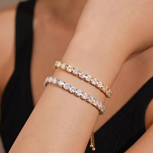 1.2-12 CTTW Moissanite Tennis Bracelet for Women, Adjustable 2-5mm D Color VVS1 Round Cut Moissanite Bolo Bracelet, 18K Gold Plated 925 Sterling Silver Simulated Diamond Bracelet Gifts for Women Her3