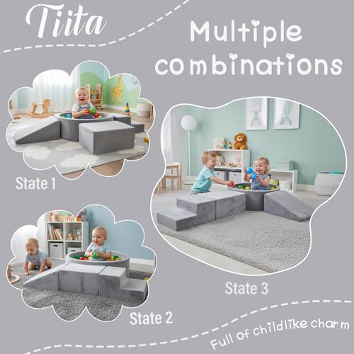 Image of Tiita Climbing Toys for Toddlers 1-3 Indoor with Ball Pit, 4-Piece Kids Foam Climbing Blocks, Activity Soft Play Climbing for Baby, Grey, Balls not Included