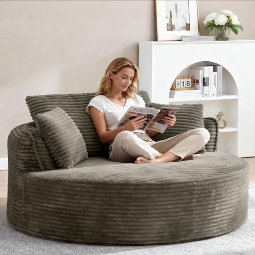 Image of Oversized Round Chair Lounge Chaise Indoor, 53.5 inch Upholstered Corduroy Deep Seat Single Cloud Sofa Chair, Fluffy Modern Large Circle Boneless Sleeper Sofa for Living Room, Bedroom, Camel