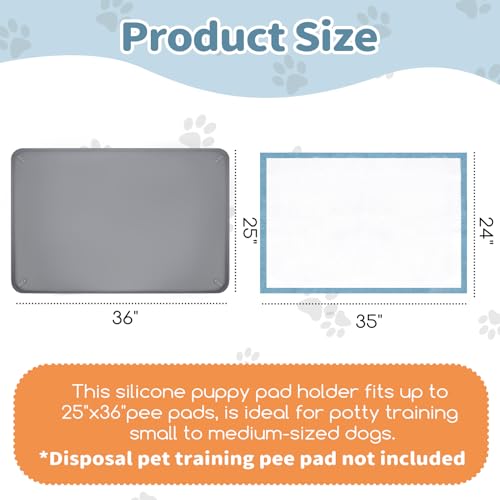 Image of Pee Pad Holder, Silicone Dog Puppy Pad Tray for DogTraining Pads Non-Slip Leak-Proof High Edge Mat, Dog Potty Tray for Home Floor Protection- Grey 25 inch x 36 inch