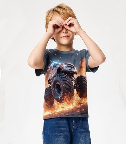 Tkria Boy T-Shirt 3D Graphic Shirt Monster Truck Print Crewneck Cool Short Sleeve Shirt 3-10 Years4