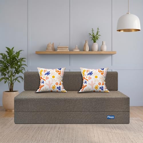Image of Starlon 3 Seater Sofa Cum Bed Foldable 3-in-1 Sofa Bed with 1 Year Warranty, Washable Jute Fabric Cover & 2 Floral Pillows | Guest Bed | Coffee Brown 5x6.5 Ft