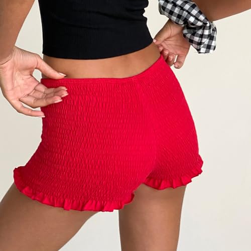 Image of NUFIWI Women's Y2k Ruched Mini Shorts Low Waist Ruffle Frill Bloomers Lounge Pajamas Smocked Micro Shorts Sleepwear
