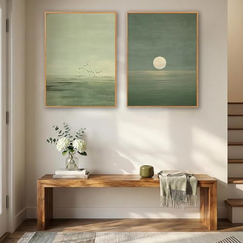 2Pcs Japanese Sage Green Wall Art Minimalist Moon and Bird 12X16in Unframed - image 7