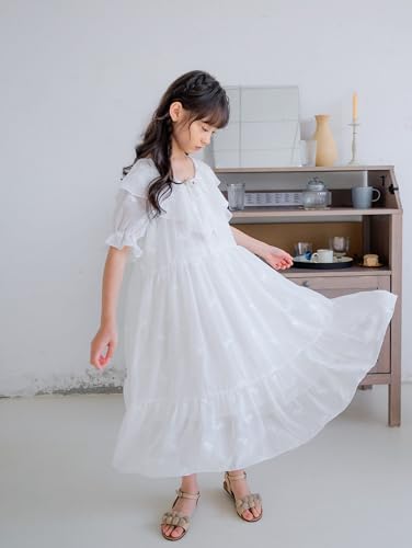 New 5-15Years Girls Vintage White Dress Ruffle Puff Sleeve Embroidered Midi Dress4