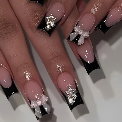 Image of Black Press on Nails French Tip Fake Nails Bow Glue on Nails with Star Design Medium Square False Nail Reusable Artificial Acrylic Glossy Full Cover Stick on Nail for Women Manicure 24Pcs