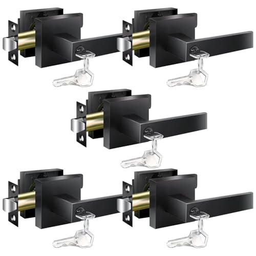 YYTDZSW Door Handles Interior, Door Knobs Interior, Black Door Handle with Reversible Lever, Keyed Alike Door Lock Sets for Bedroom, 5 Packs Heavy Duty Door Lock Sets, Matte Black
