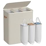 SONGMICS Laundry Basket, 50.2 Gal. Laundry Hamper, 3 Compartments, Easy Assembly, with Lid and Handles, Removable Liners, 25.2 x 15.7 x 29.5 Inches, Cappuccino Beige ULCB814LH01