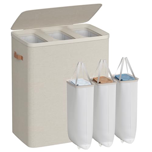 SONGMICS Panier à Linge, Corbeille à Linge Sale de 190 L, Montage Facile, avec Couvercle et Poignées, Sac Interne Amovible, 64 x 40 x 75 cm, Beige Cappuccino LCB814LH01