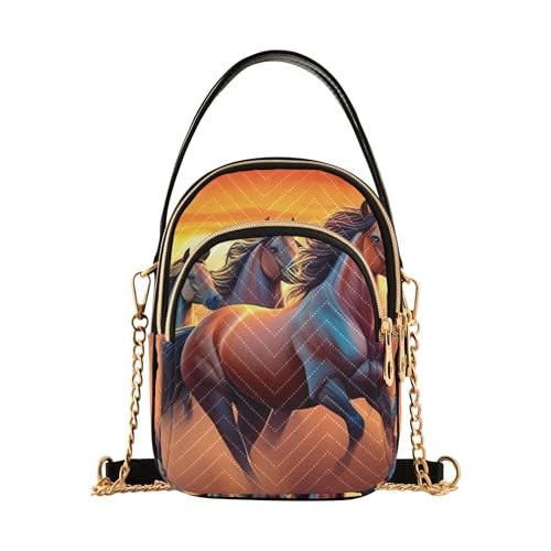 Horses Galloping Dusk Vivid Womens Shoulder Handbag Pattern Phone Bags with Chain Strap Quilted Ladies Crossbody Satchel Bag