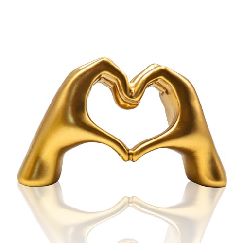 Small Gold Heart Hands Sculpture Decor, Resin Golden Modern Abstract Love Finger Statue, Gold Hand Model Decoration for Home Living Room Bedroom Bookshelf Shelves Wedding Office Desk Table 2.8″ H - Image 3