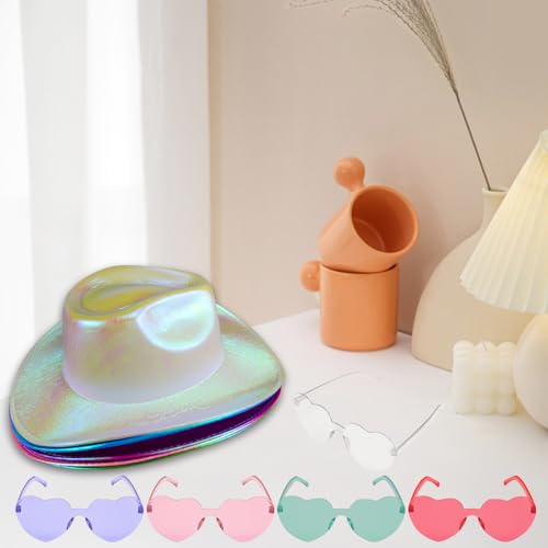 12 Pcs Holographic Space Cowgirl Hat with Heart Glasses Neon Sparkly Cowboy Hat Disco Cowgirl Hat for Women Party (Multicolor)4