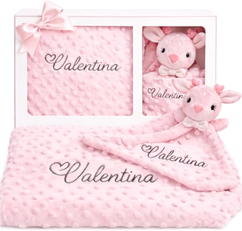 mibebestore Manta Bebé Personalizada + DouDou con Nombre Bordado - Set Regalo Recién Nacido Niña Niño - Mantita Personalizable 110x80cm + Peluche Doudou 28x17cm - Regalos Bebe Baby Shower Bautizo