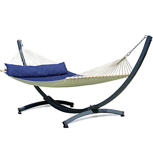 Potenza Outdoor Hängematte mit Verzinkter Tytan Gestell für 2 Personen I Panama - Stabhängematte XXL 210x140, 200kg I Hängemattengestell 350kg Wetterfest (Blau, Basic Gestell Graphit)
