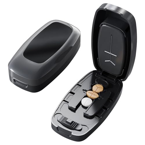 Dzmuero Cortador de Pastillas, Partidor de Pastillas, Ajustable, Compacto y Portátil, 1 dividido en 2/3/4, Cortador de Medicamentos Multifuncional, Caja de Medicamentos (Negro)