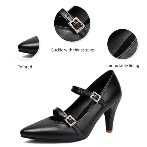 Women's Retro Leather Pointed Toe Stiletto Mary Jane Pumps Comfortable Anti-Slip Kitten Heels Pump Shoes with Double Buckle Rhinestones Strap for Party Prom Work Business Dress Shoes3