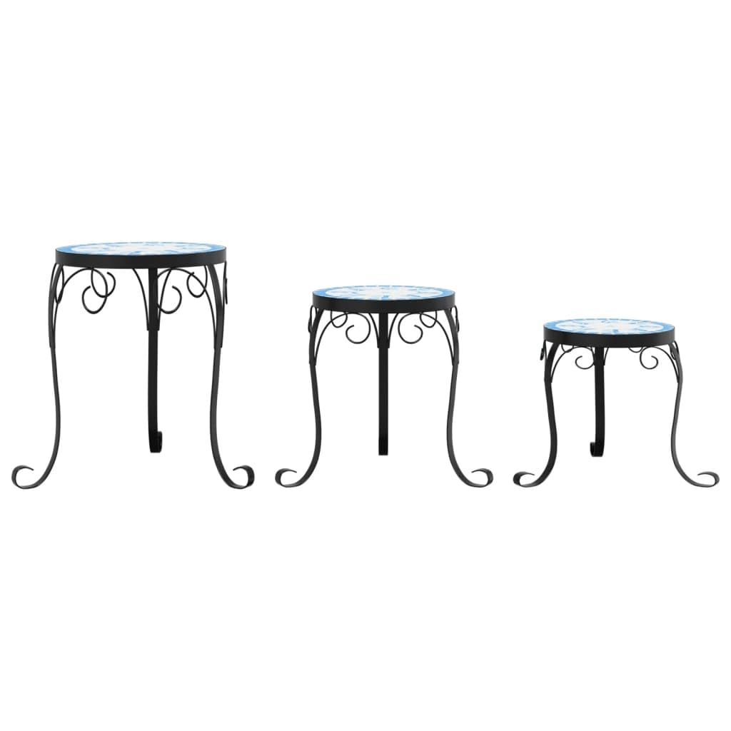 vidaXL Supporti per Piante 3 pz Blu e Bianco in Ceramica, Porta Piante, Porta Piante da Esterno, Tavolo Porta Fiori, tavolino a Mosaico