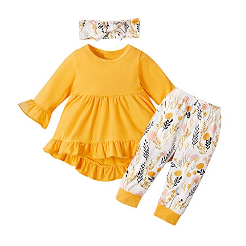 Girls Clothes Outfits, Cute Baby Girl SoIid Color Long Sleeve Pant Set Flower Ruffle Top Floral Pants Headbands (Age:0-6 Months, Yellow)