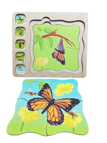 Image of Butterfly Life Cycle Puzzle for Kids, Wooden Puzzle with Layers Showing Butterfly Transformation, Ages 2+ | Aligator Life Cycle Jigsaw Puzzle -Fun &Animal Puzzle | Combo Pack of 2