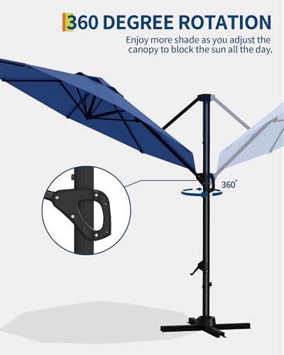 10FT Patio Umbrella Outdoor Large Cantilever w/Base Included Market Sun Shade Windproof Offset with 360-Degree Rotation for Garden Deck Pool Patio, Navy Blue